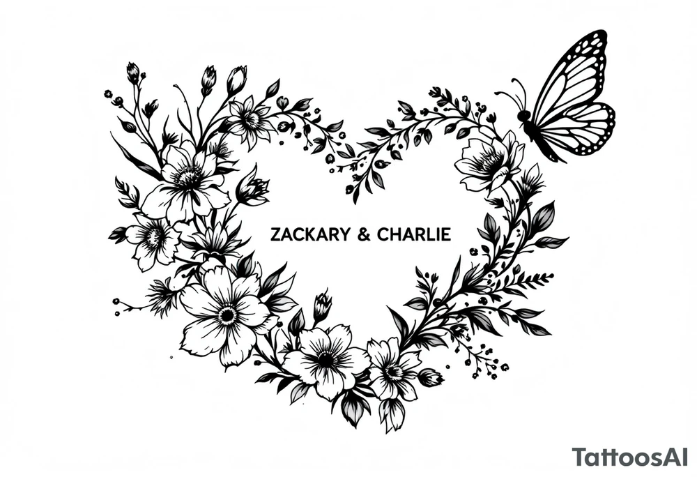 Flowers, heart and buttherfly with name Zackary and Charlie tattoo idea