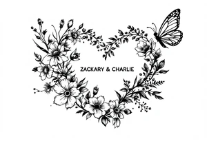 Flowers, heart and buttherfly with name Zackary and Charlie tattoo idea