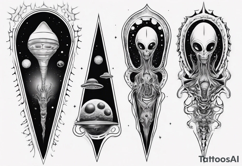Trippy alien/ufo scene fractals dark for a leg sleeve tattoo tattoo idea