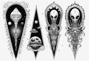 Trippy alien/ufo scene fractals dark for a leg sleeve tattoo tattoo idea