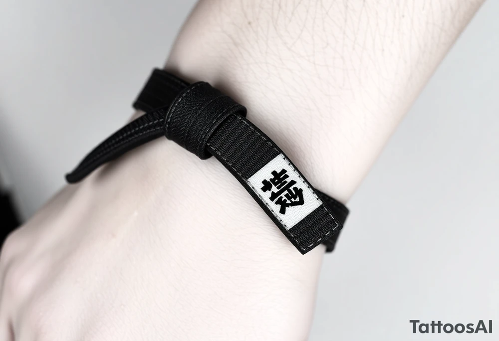 A realistic black and gray tattoo of a Brazilian Jiu-Jitsu black belt wrapping around the wrist like a bracelet. The belt is tied in a knot with one end showing the number 30 and the other showing 24. On the flat end of the belt, two Japanese kanji characters are inked in white: 成長 (growth) and 忍耐 (perseverance). The belt has subtle stitch marks and worn, textured shading for a slightly distressed, authentic look. The style is clean, symbolic, and bold, designed to wrap naturally around the wrist like a wristband.” tattoo idea