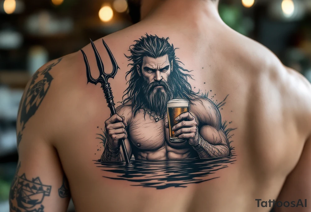 young, fit poseidon in calm water, holding a trident, drinking a beer tattoo idea