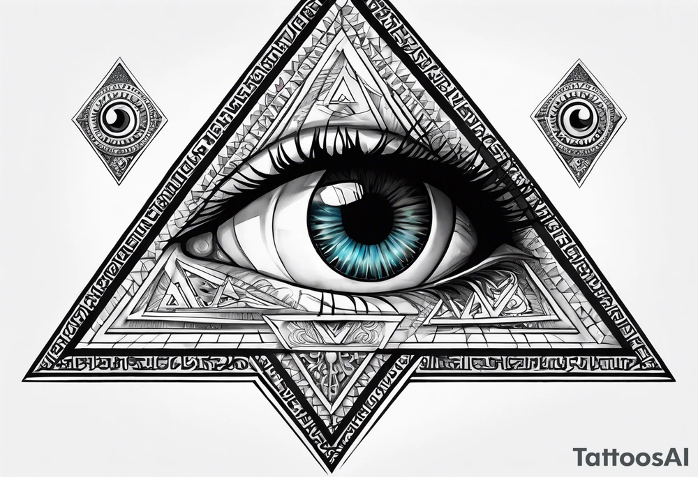 triangle tattoo with eye inside in arabic letters. Inside the iris create a broken clock. the pupil loophole. tattoo idea