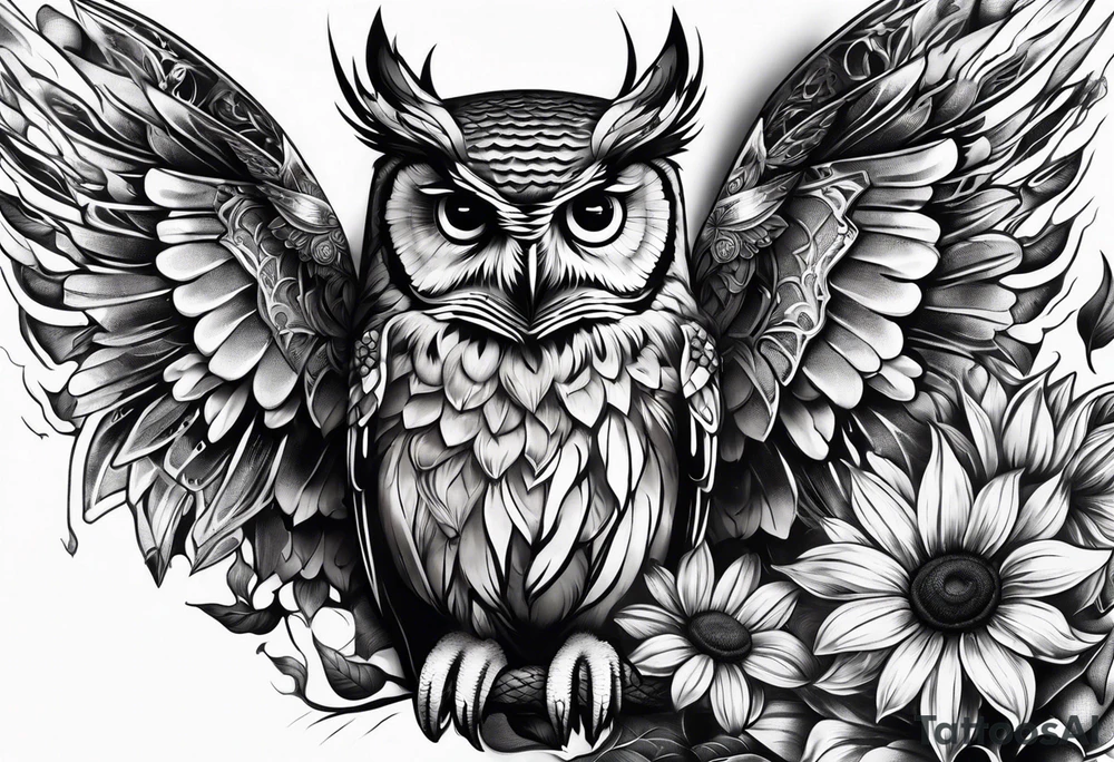Small owl with butterfly and sunflower leg sleeve tattoo idea