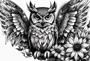 Small owl with butterfly and sunflower leg sleeve tattoo idea