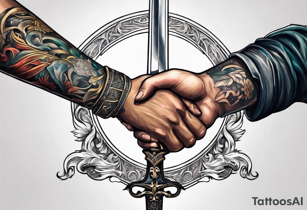 Caesars sword with father’s hand and son’s hand with scripture tattoo idea