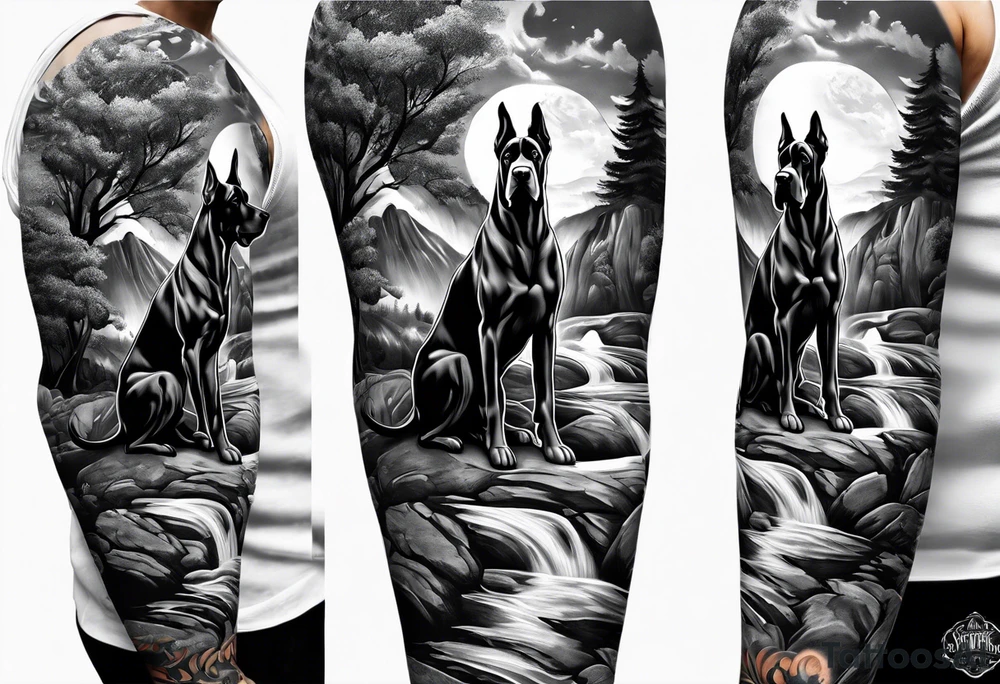 Full arm sleeve. Four Great Danes together exploring waterfall tattoo idea