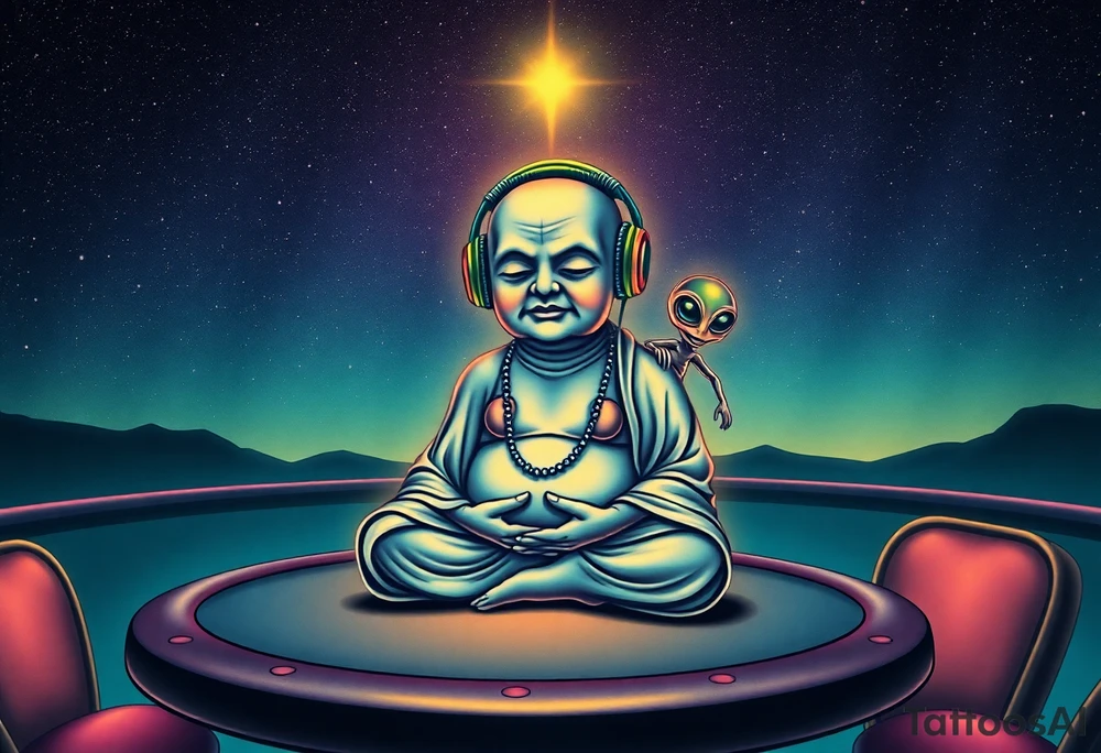 a dim celestial light shines over a curious wise chubby alien buddha who is wearing headphones and is calmly meditating on top of a texas hold'em table, and under a beautiful starry sky. There is a friendly alien sitting on his shoulder. tattoo idea