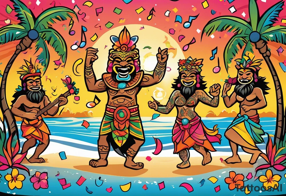 dancing tiki gods dance party on the beach with a sunset in the center of the image with confetti and music notes and tattoo idea