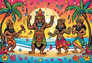 dancing tiki gods dance party on the beach with a sunset in the center of the image with confetti and music notes and tattoo idea
