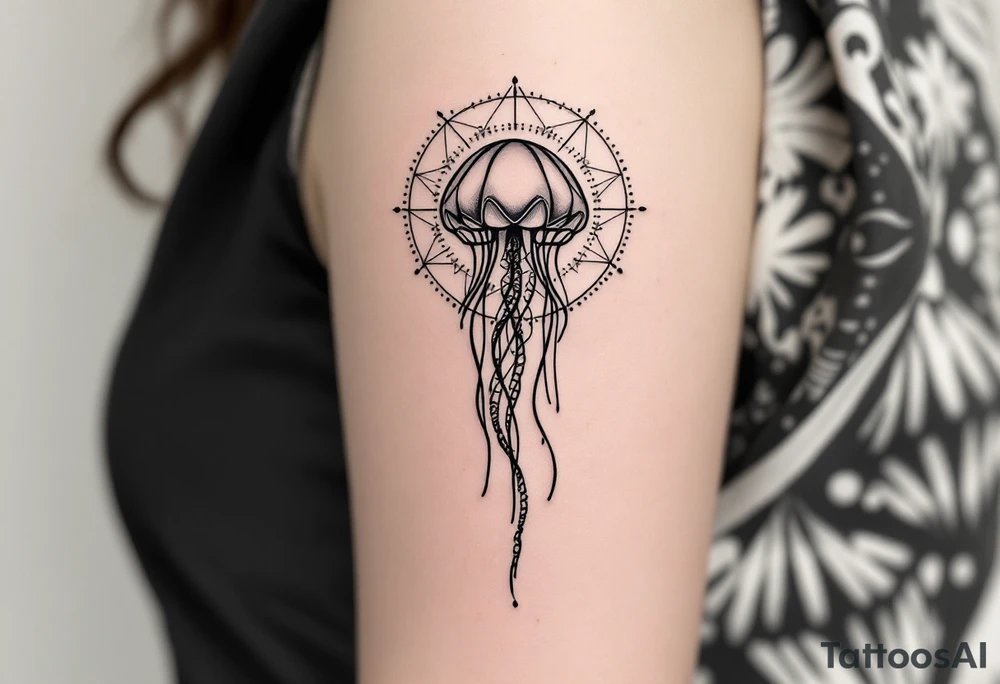 minimal fine-line tattoo, single jellyfish, sacred geometry surround, dotwork patterns, jellyfish bell dome, flowing tentacles, trailing streamers, geometric mandala, radiating dotwork, minimalist design, black grey lines, soft shading, no outlines, geometric frame, organic jellyfish form, upper arm shoulder placement, light airy feel, delicate linework, geometric backdrop, clean lines, radiating patterns, simple jellyfish centerpiece, minimalist, psychedelic, not symmetrical tattoo idea