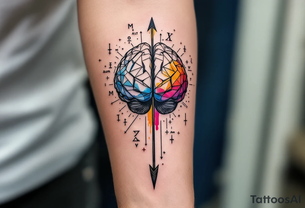 A front-seen brain in geometric and straight lines, math symbols arround, the phrase "Aut inveniam viam aut faciam" and a detailed arrow crossing from above with watercolors leaking from its tip tattoo idea