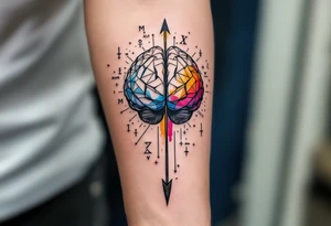 A front-seen brain in geometric and straight lines, math symbols arround, the phrase "Aut inveniam viam aut faciam" and a detailed arrow crossing from above with watercolors leaking from its tip tattoo idea