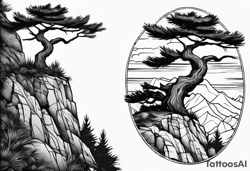 pine tree on the edge of a cliff tattoo idea