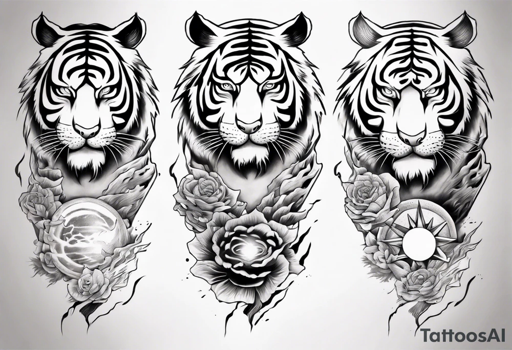 Tiger sleeve tattoo with lightning and the sun tattoo idea