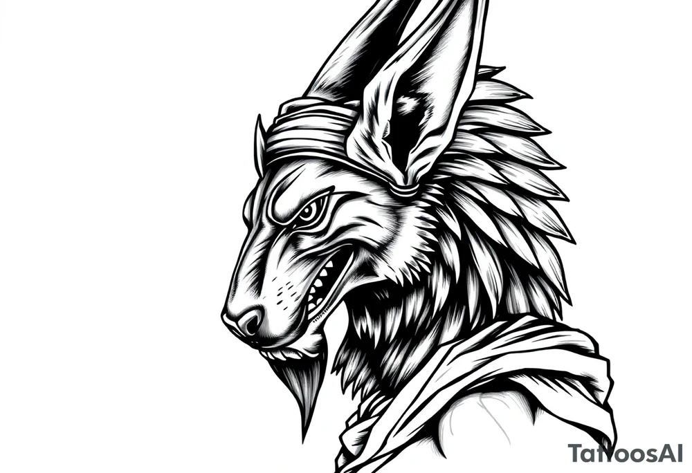 Egyptian Anubis god powerful face muscle in Egypt style with mantle on head dog face long ears tattoo idea