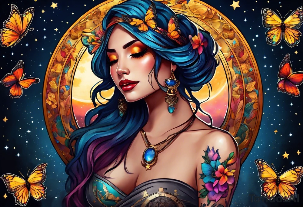 Beautiful woman blindfolded with butterflies in her hair, half encompassed by a half moon that she sits on, with the scales of justice hanging fr9m the half moon illuminated by bright colors, with the moon and stars and contemplations as a background tattoo idea