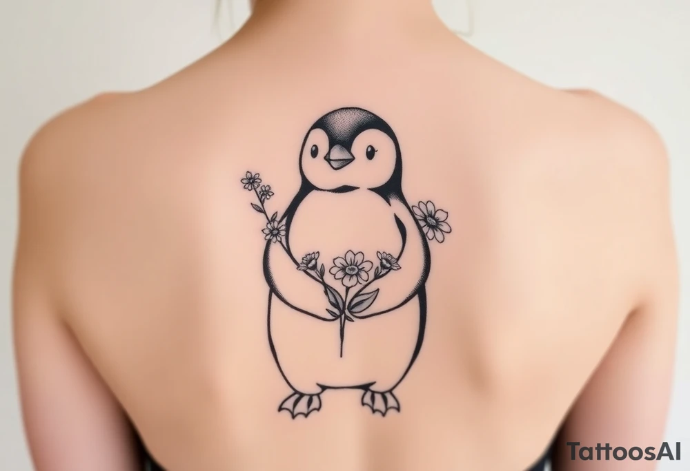 Cute penguin holding flowers tattoo idea