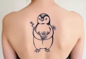 Cute penguin holding flowers tattoo idea