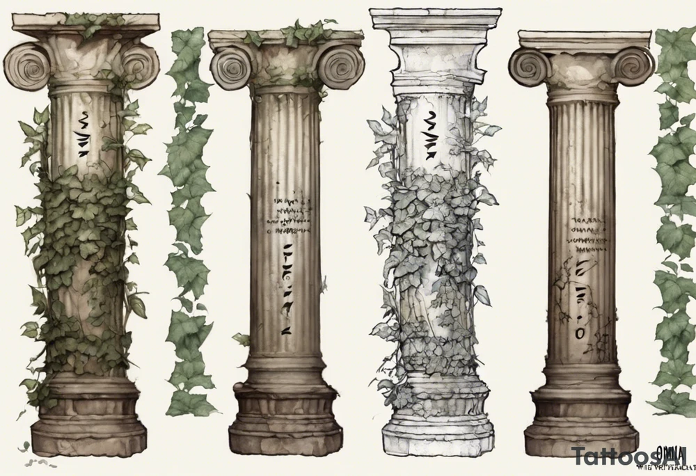 I want an ancient Roman pillar, with apparent cracks on it and a little bit of overgrown plants such as, but not limited to, ivy. The top part shows that it is an Ionian pillar and has the word "OMNIA" written on it. The tattoo has some shading as the pillar is turned very slightly, about 10 degrees, to the right. The top part of the pillar must have fallen off, and is slightly crumbled. tattoo idea