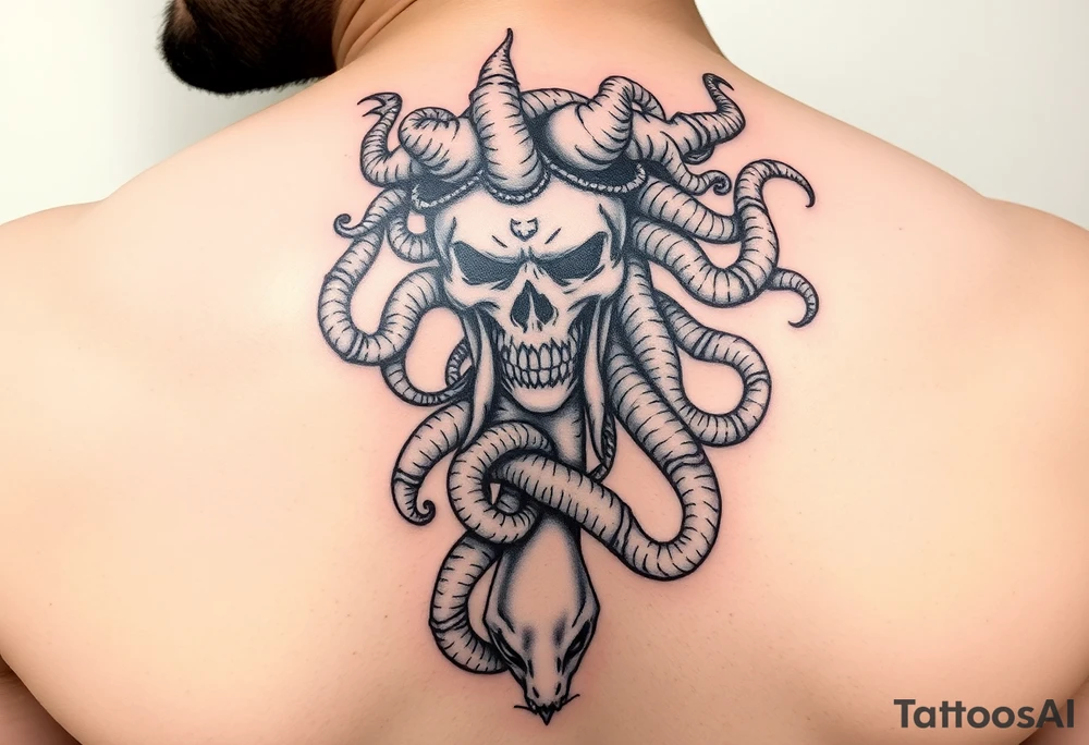Vertical tattoo with Medusa head and coiled snakes with pirate ship with the kraken wrapped around it and poisiden at the bottom tattoo idea