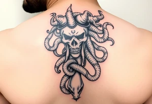 Vertical tattoo with Medusa head and coiled snakes with pirate ship with the kraken wrapped around it and poisiden at the bottom tattoo idea