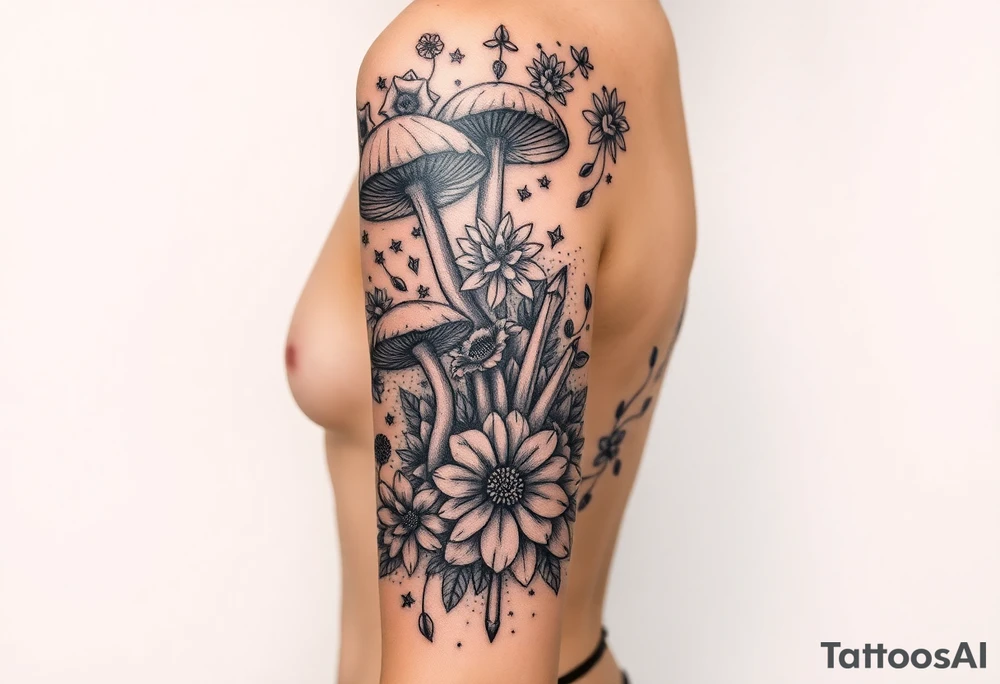 Could you possible make me a nature tattoo with mushrooms crystals  flowers mandala boho but vibrant colorful and psychedelic colorful too that would wrap from front of hip around side to mid back to cover an existing one tattoo idea