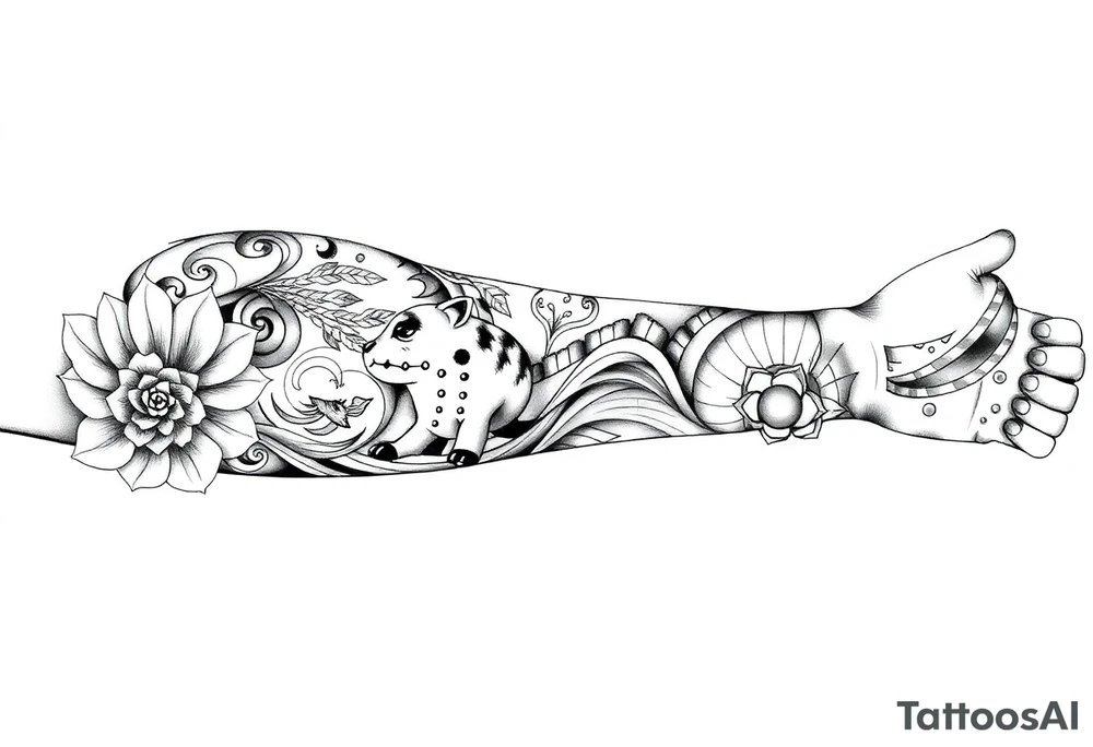 vorrei un tatuaggio samoano/polinesiano che ricopra tutta la gamba dal polpaccio fino alla caviglia, in stile tradizionale con linee spesse e motivi geometrici. la base deve essere simile ai classici tattoo samoani a fascia, ma personalizzato: con simboli di forza e combattimento (punte di lancia / niho mano), simboli di famiglia (figure enata), simboli del mare e del viaggio (onde, spirali), e un elemento di protezione come la tartaruga (honu). il disegno deve essere armonico e avvolgere la gamba a 360°. tattoo idea