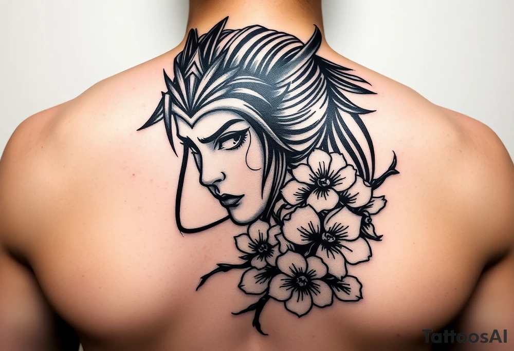 Samurai women warrior face
 with a with cherry blossom with wind lotuses tattoo idea