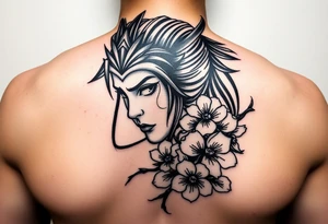 Samurai women warrior face
 with a with cherry blossom with wind lotuses tattoo idea