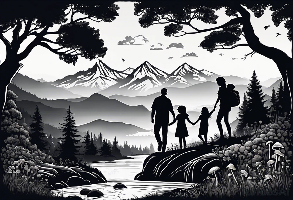 Family silhouette father, mother, son, older daughter, small daughter, foraging mushrooms with mountains and creek in background tattoo idea