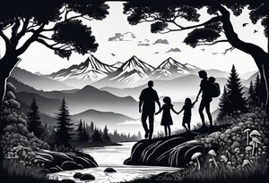Family silhouette father, mother, son, older daughter, small daughter, foraging mushrooms with mountains and creek in background tattoo idea