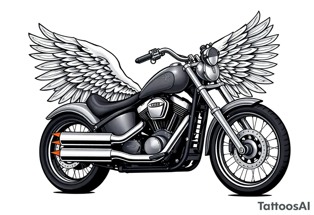 Low rider grey motorcycle, big muffler pipes with flames, angel wings, driving away, no person tattoo idea