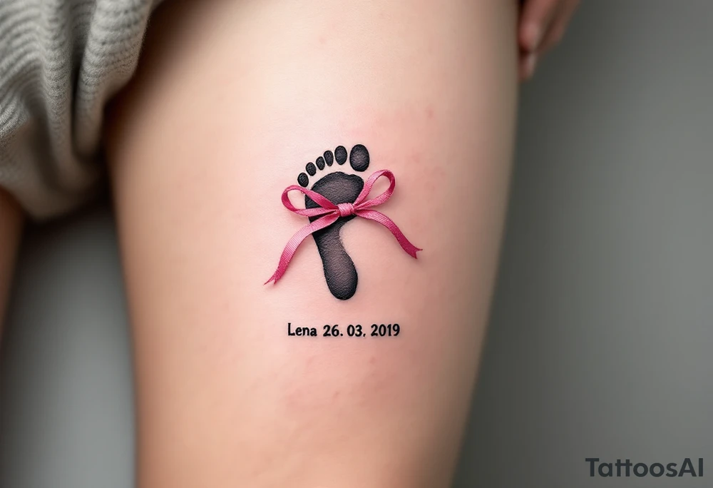 A tiny footprint in soft gray with a pink ribbon tied around it, personalized with a birthdate Lena 26. 03. 2019. tattoo idea