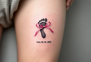 A tiny footprint in soft gray with a pink ribbon tied around it, personalized with a birthdate Lena 26. 03. 2019. tattoo idea