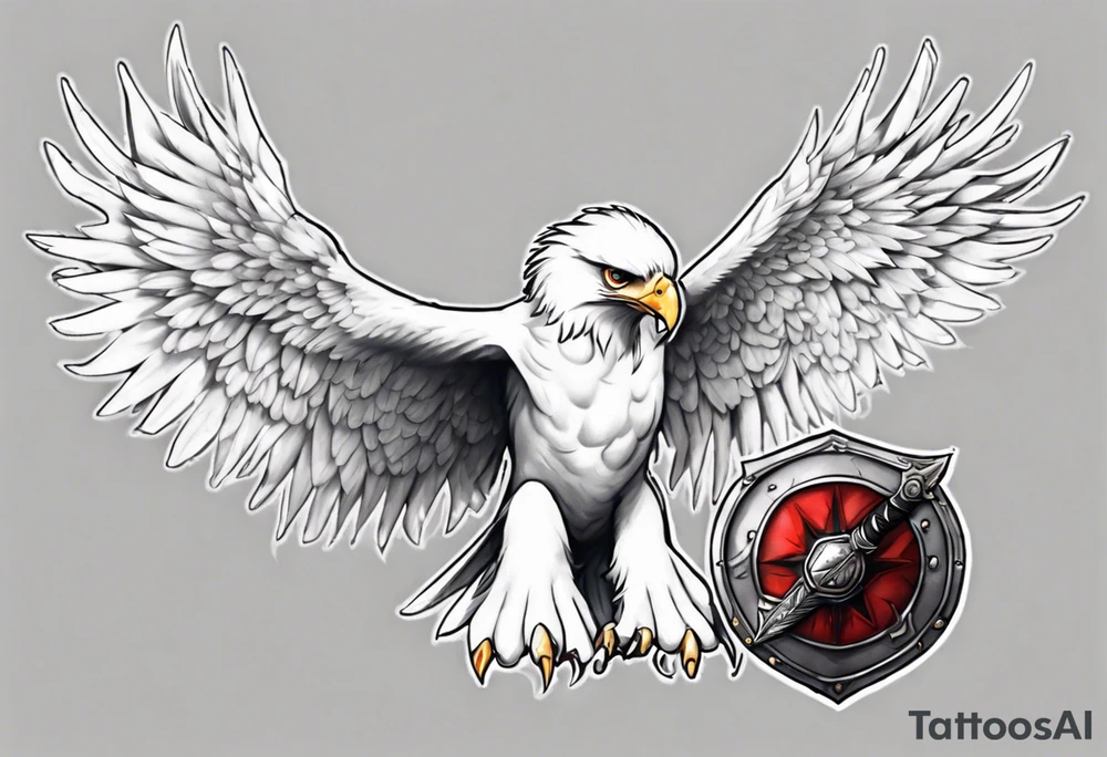 A white hawk going to battle with a sword and shield tattoo idea