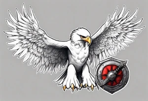A white hawk going to battle with a sword and shield tattoo idea