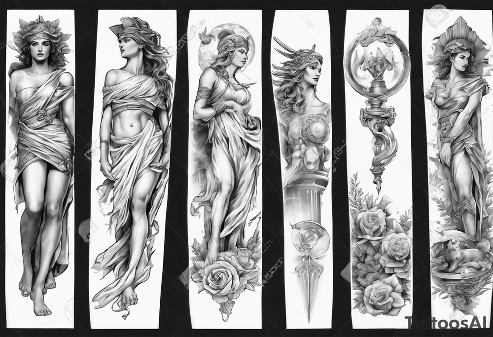 Greek mythology sleeve for women to signify power and success tattoo idea