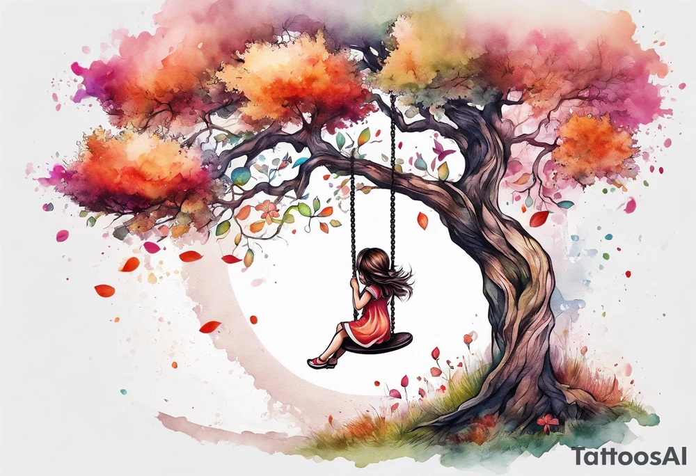 little girl swinging under a tree of life tattoo idea