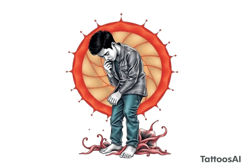 Handsome Asian young guy is standing on his knees sorry tattoo idea