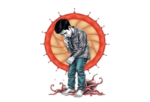 Handsome Asian young guy is standing on his knees sorry tattoo idea