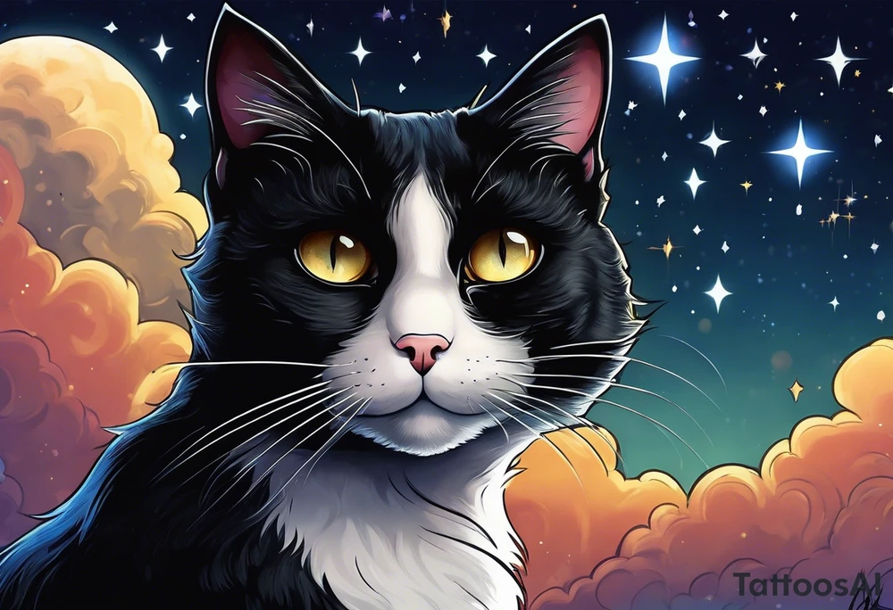 Photo realistic black cat head with moon and stars tattoo idea