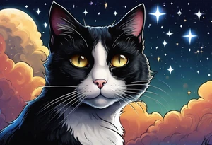 Photo realistic black cat head with moon and stars tattoo idea