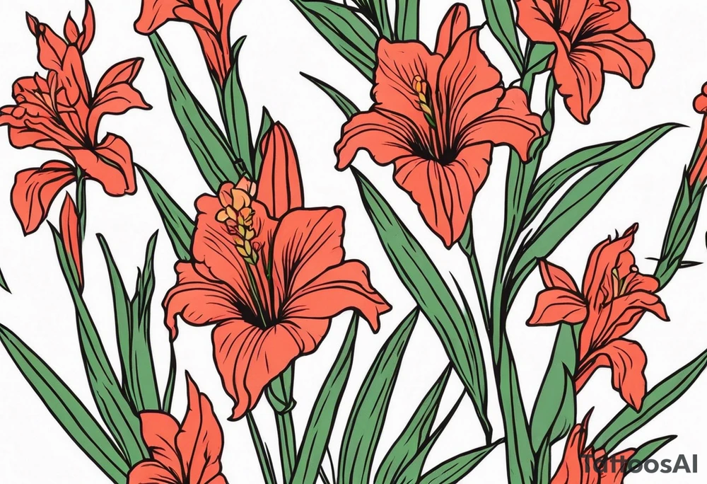 a thin narrow gladiolus with green leaves and coral-colored flowers with red centers tattoo idea