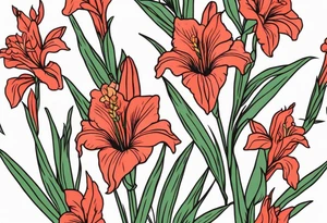 a thin narrow gladiolus with green leaves and coral-colored flowers with red centers tattoo idea
