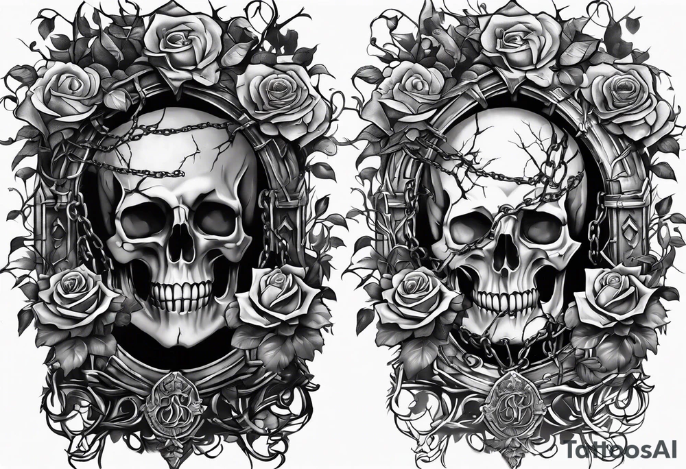 tattoo fool sleeve, old broken gothic castle, broken sword, tree roots break out of the chains, roses tattoo idea