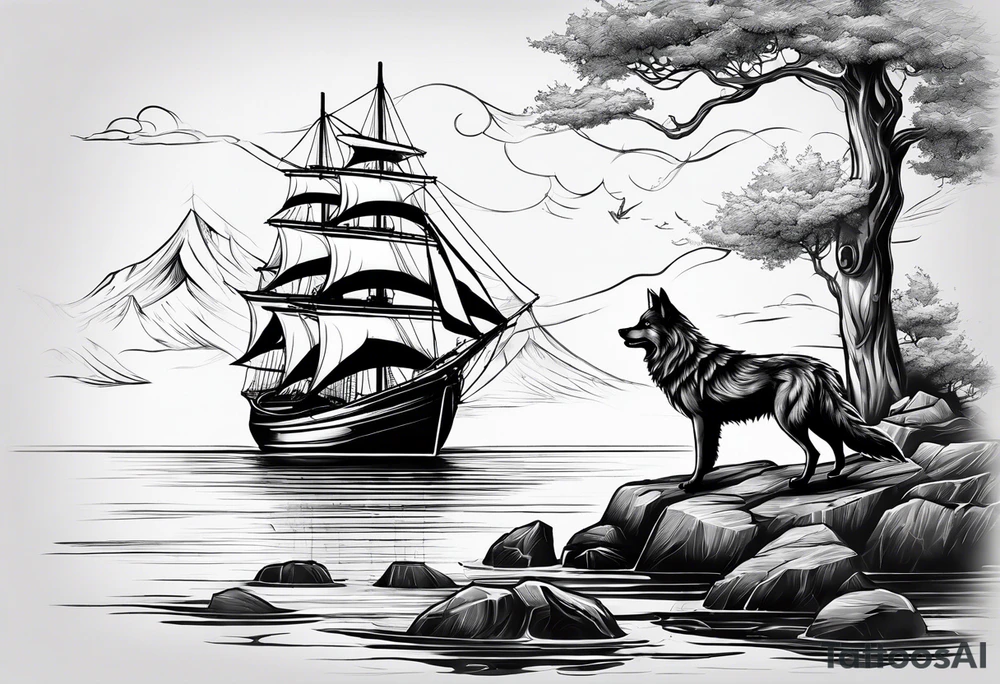 Wolf with sail boat on water and anchor tattoo idea