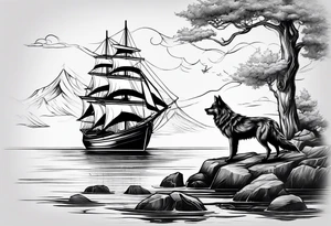 Wolf with sail boat on water and anchor tattoo idea