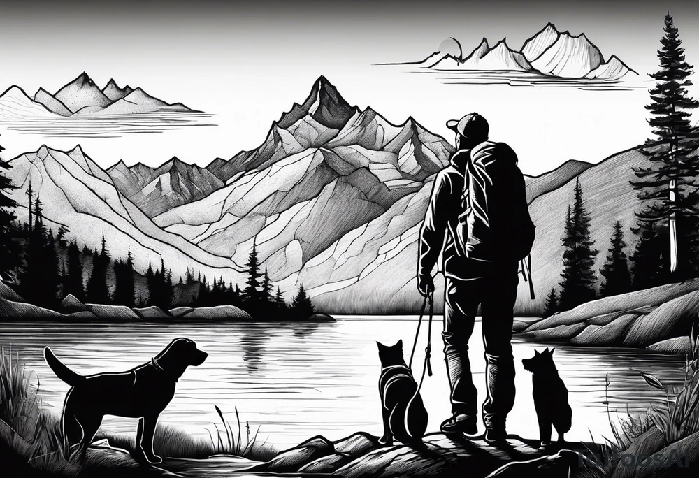 nature, sunset, mountains, a father and son hiking with their dog and cat by the water and a cross tattoo idea