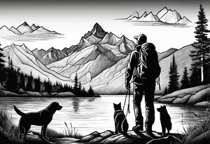 nature, sunset, mountains, a father and son hiking with their dog and cat by the water and a cross tattoo idea